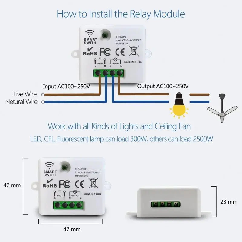 Wireless Light Wall Switch Relay Receiver RF 433Mhz 1/2/3Gang Panel Switch Remote Control Interruptor for LED Lamp 10A 110V 220V