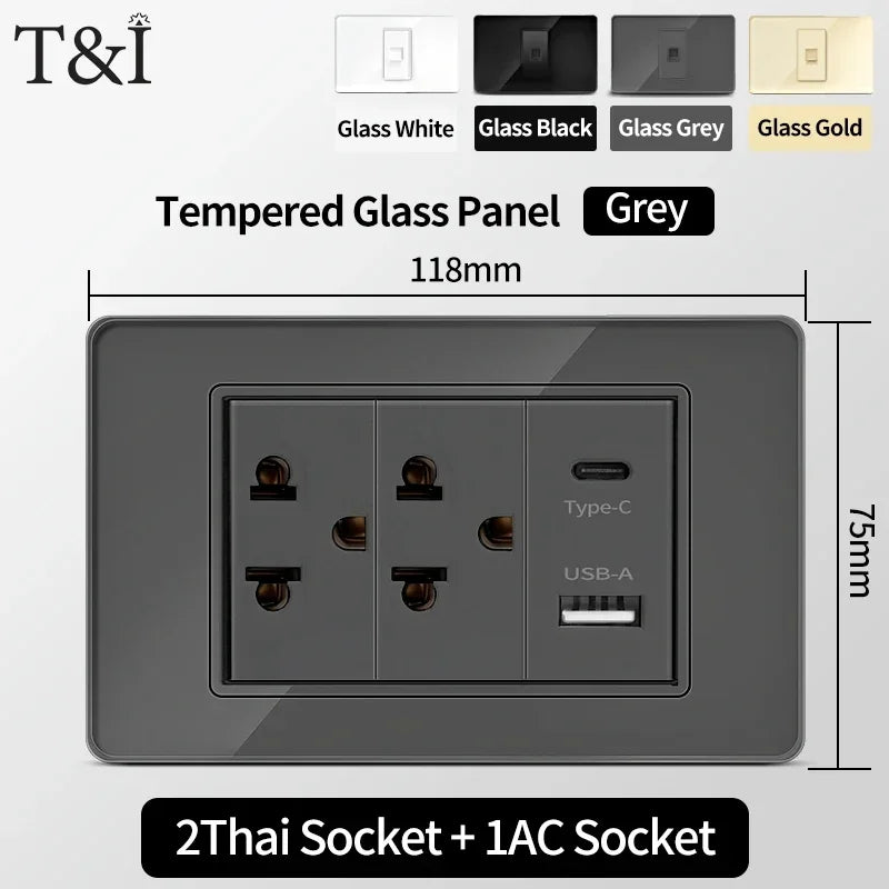 US MexicoSeries Tempered Glass Panel Plate Power Wall Socket USB Type-C Outlet Light Switch 2Way Control Home Office 110V