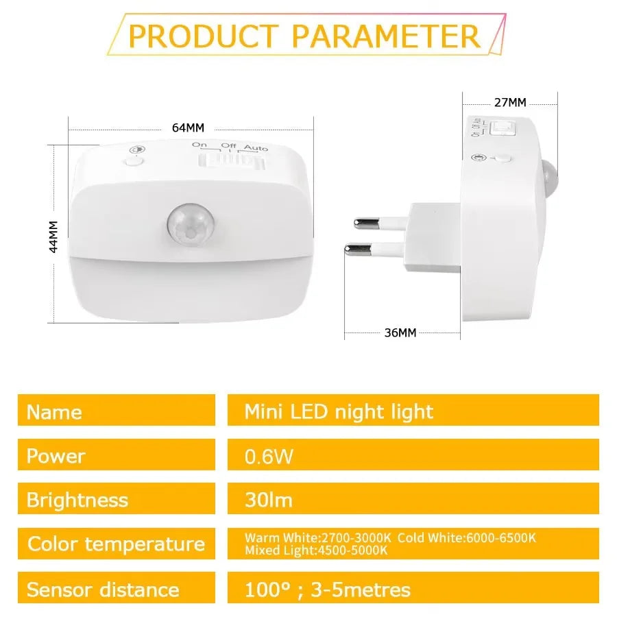 EU Plug Night Light PIR Sensor Automatic Sensor On/Off Bedside Light For Bedroom Washroom Children's Room Closet Night Lighting
