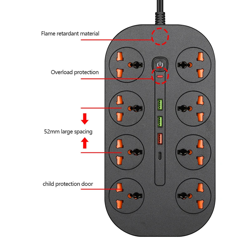 Power Strip Surge Protector Electrical Sockets with 3 USB 1 Type-C Ports 2m Extension Cord 8 Universal Outlets EU,UK,US Plug