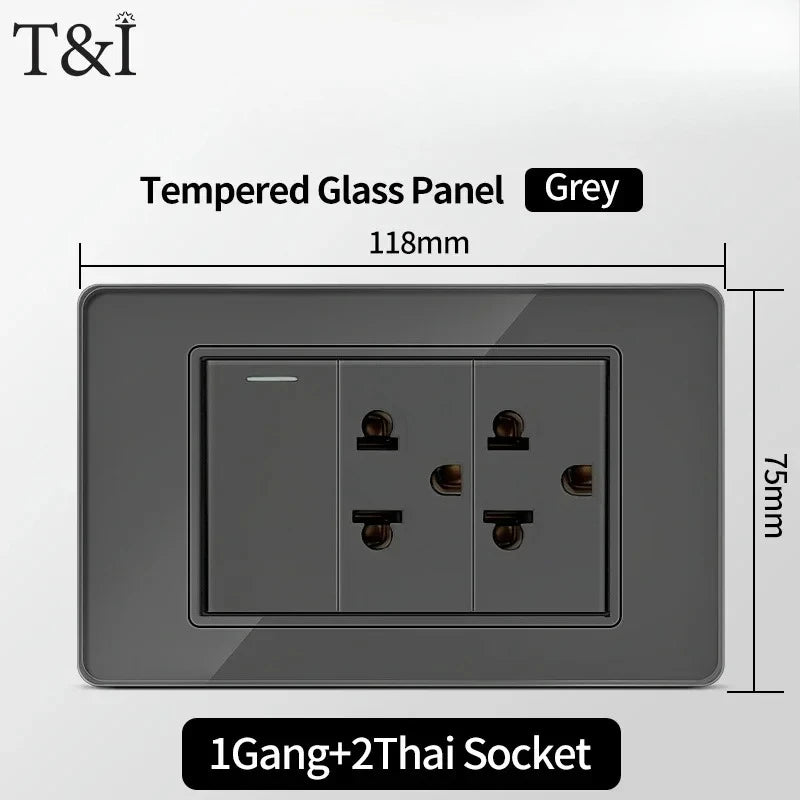 118*75mm Tempered Glass Socket US Wall Socket Grey Thai USB Socket Plug with Dual USB Type-C Ports,Light Switch 110V
