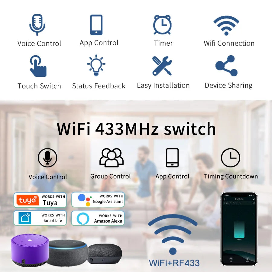 Tuya WiFi US Smart Light Switch Wall Touch Switch  Neutral wire/No Neutral wire Required 120 Type Work with Alexa, Google Home