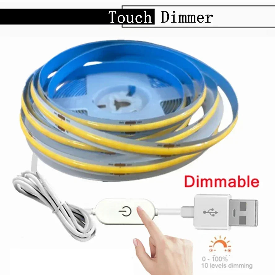 1-5M USB LED Strip Light 5V 320LEDs/M COB Touch Sensor Dimmable Lamp Tape DIY Mirror Backlight TV Kitchen Room Night Lighting