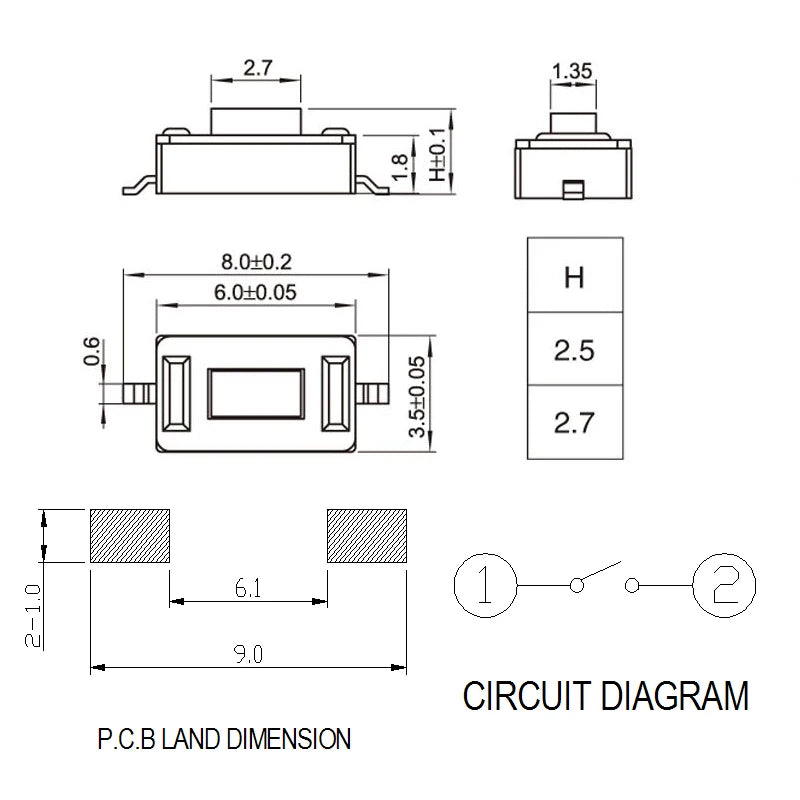 50PCS 4x6/3x6mm H 2.5mm 2Pin Tactile Push Button Switch Phone Button SMD Micro Momentary Switch PCB Mounting
