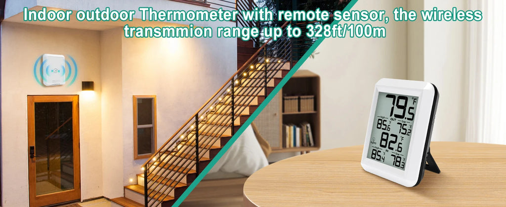 Smart Wireless  Digital Thermometer- Indoor/Outdoor Temp Monitor with Min/Max Records 100m Range Wall Mountable for  Home Office