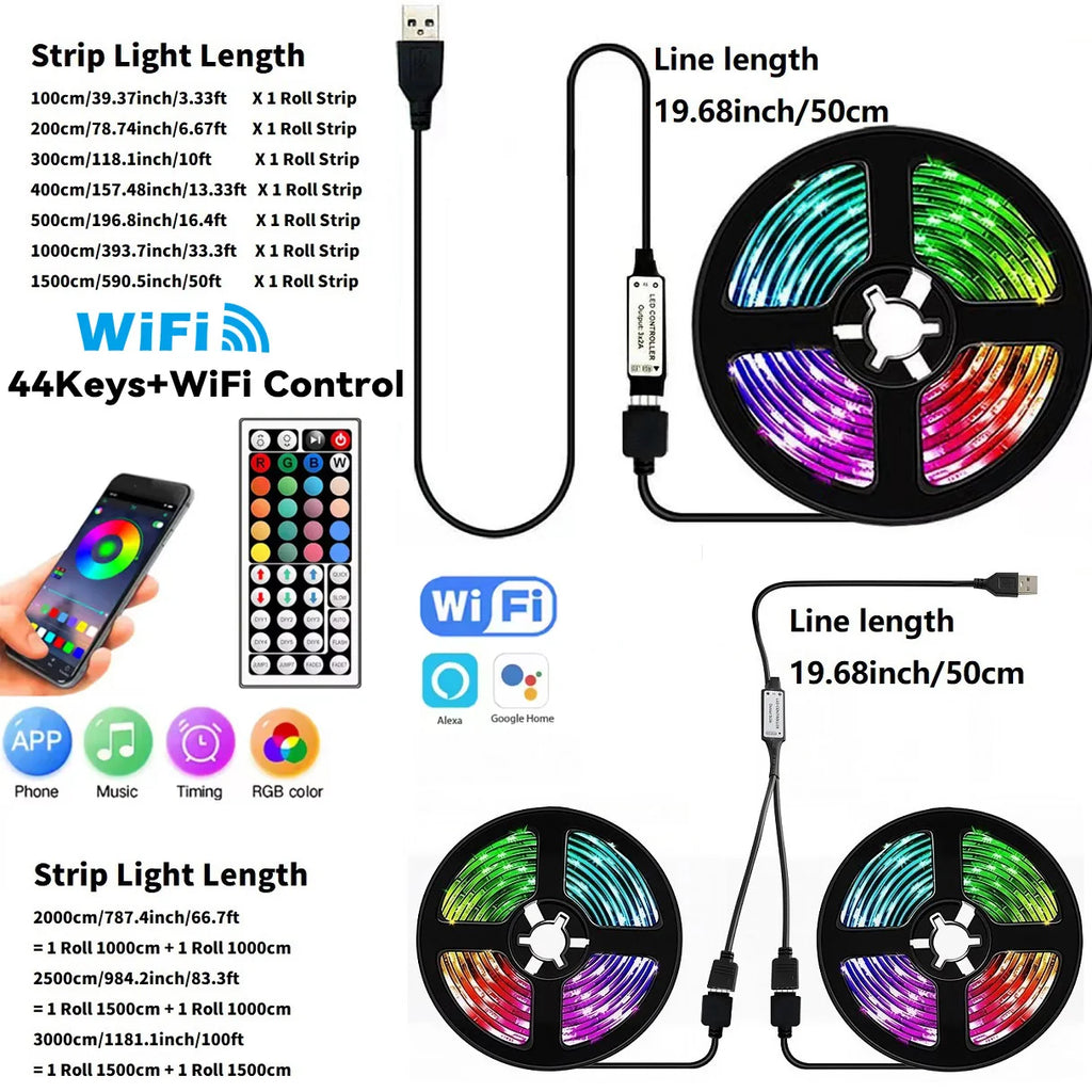 WiFi Bluetooth RGB Led Strip Lights Usb 5V for TV Smart Tape Light Remote Voice Control 5V Flexible Adhesive 18 Leds Light Strip