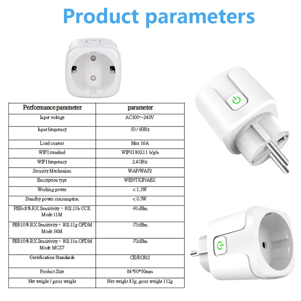 Tuya WiFi Smart Plug 16A/20A EU Smart Socket With Power Monitoring Timing Function Smart Life APP Voice Control Via Alexa Google