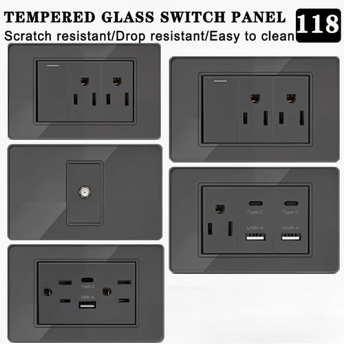 118*75mm TEMPERED GLASS SWITCH PANEL Wall Socket with USB Type - C, Grey US Switch, Thai Plug for Home & Office Use