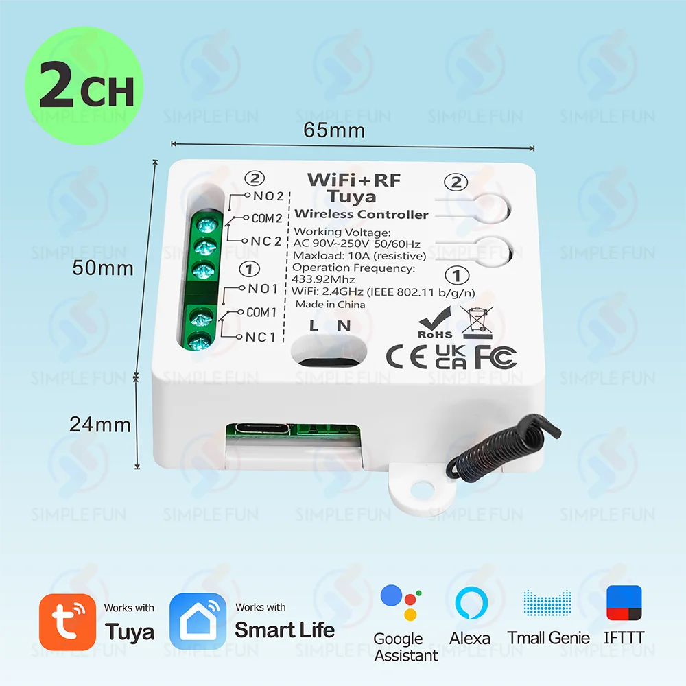 Tuya WiFi RF 433Mhz Smart Light Switch Motor Switch AC 110V 220V 230V 10A 2CH Support Alexa Google Home,for Lamp Garage Door