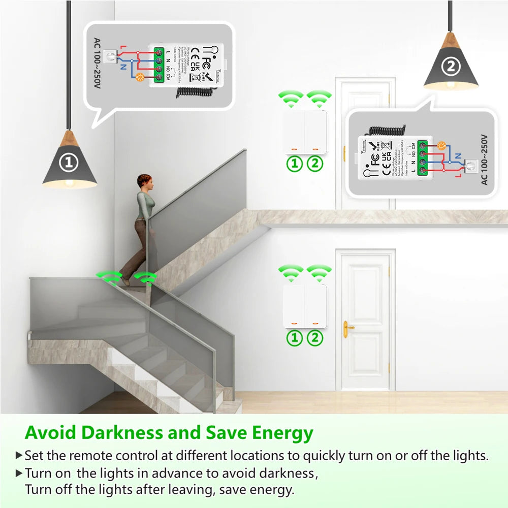 433MHz Smart Light Switch AC 110V 220V Receiver and 1/2/3Gang 86 Wireless Push Button Switch Transmit 50m for Home Improvement