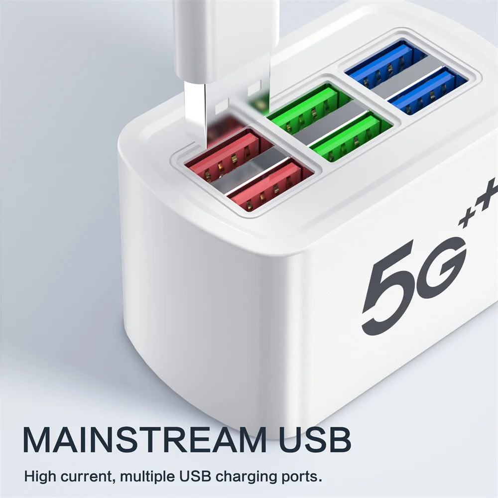 6 in 1 Fast USB Charger Power Strip Desktop Fast Charging Station with 1m Cord USB Hub Adapter Socket for iPhone Home EU US Plug