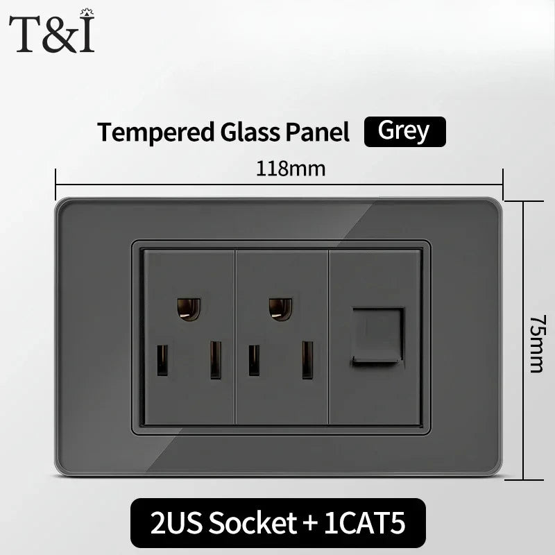 118*75mm TEMPERED GLASS SWITCH PANEL Wall Socket with USB Type - C, Grey US Switch, Thai Plug for Home & Office Use
