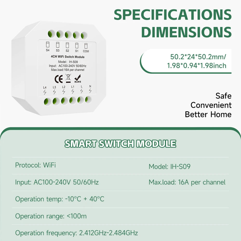 Tuya 16A WiFi Smart Switch Module IH-S09 50.22450.2mm AC100-240V Remote Control Home Automation Switch With Google Assistant