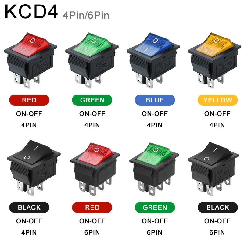 5PCS KCD4 Rocker Switch On Off with Led 4 16A 250V 220V Small 6Pin 4Pin Light for 2 Position Lamp 10A Rocket