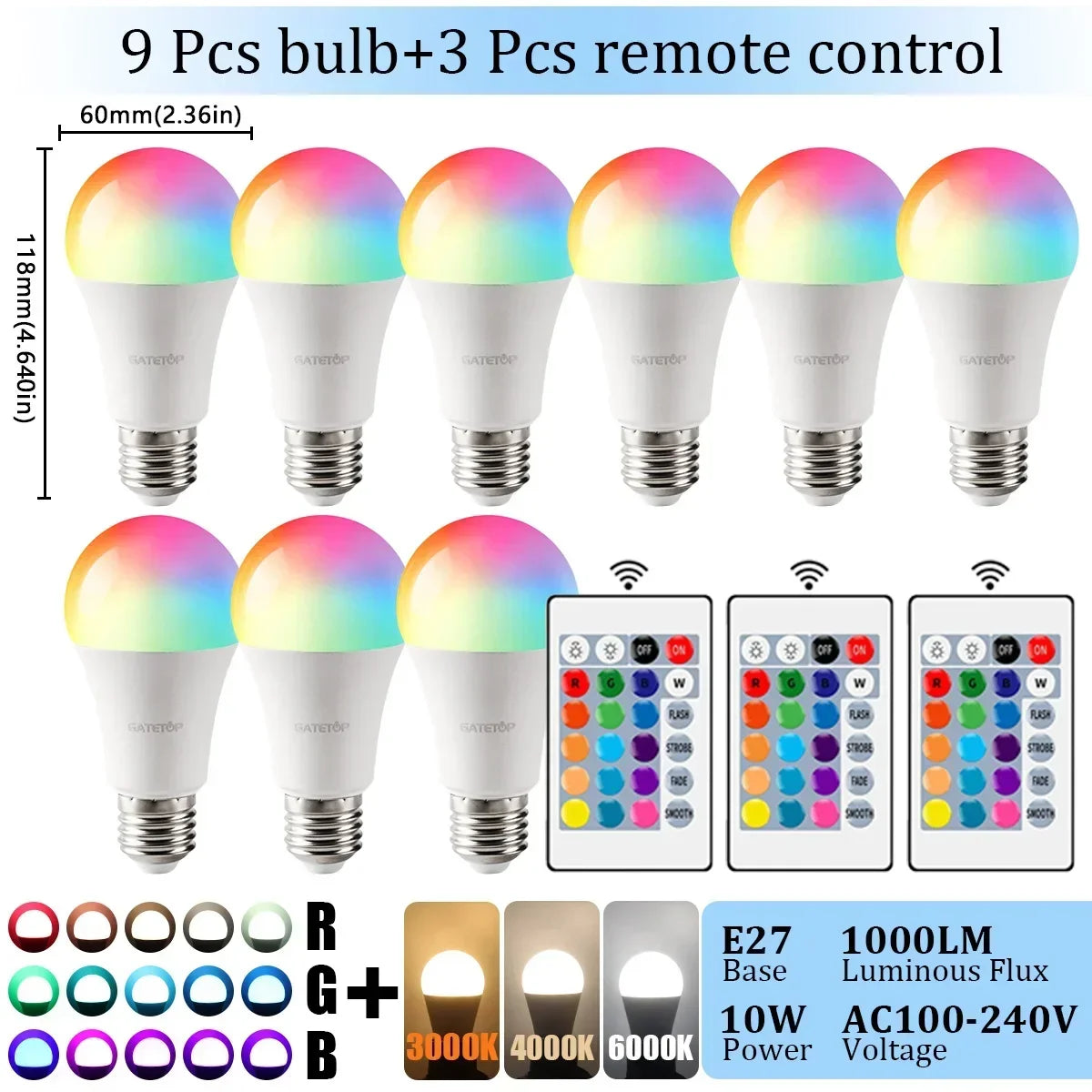 E27 Base RGB LED Bulb 24 Key Remote Control Dimmable 10W AC220V 110V Colorful Change For Bedroom Living Room Desk Lamp