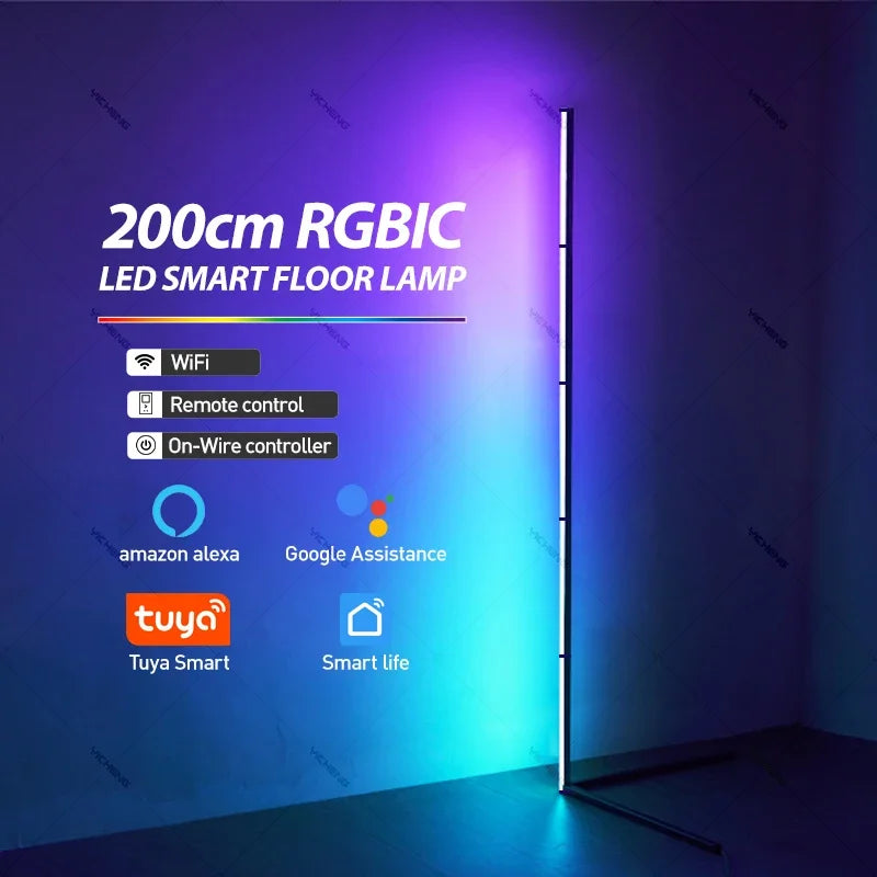 200cm White RGBIC Smart Corner Floor Lamp Tuya App & Remote ControlAdjustable Colors & Effects Modern Standing Light Home Dcorat
