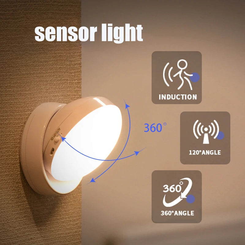 360° PIR Motion Sensing Light Round Energy Saving Bedroom USB Rechargeable Night Lamp Closet Bedside Stairs Induction Smart Lamp