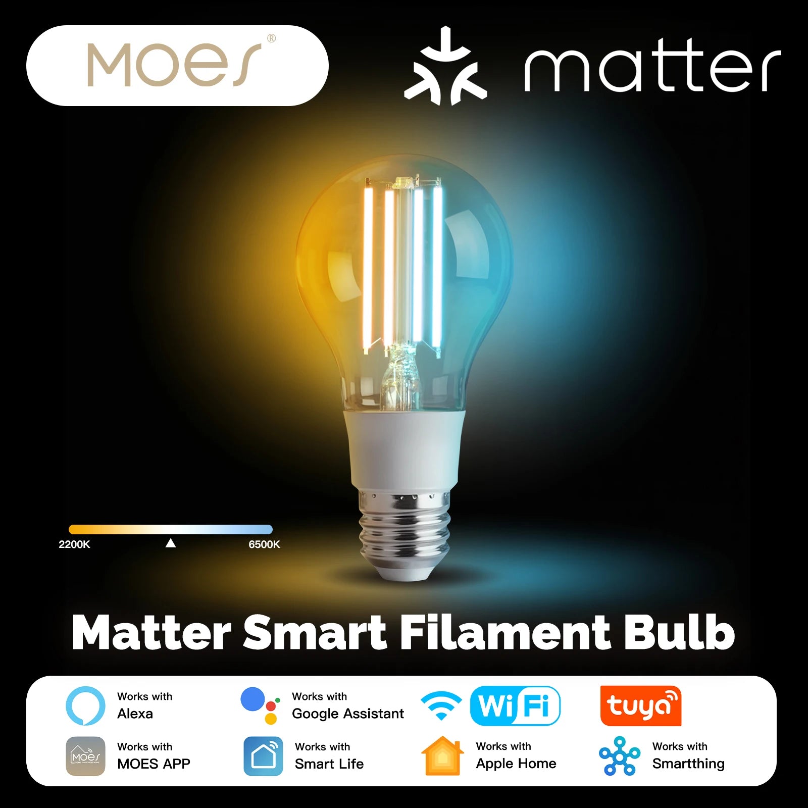 MOSE Tuya Matter WiFi Smart Filament Bulb E27 Energy Saving Light Dimmable APP Remote Control Alexa GoogleHome for Voice Control