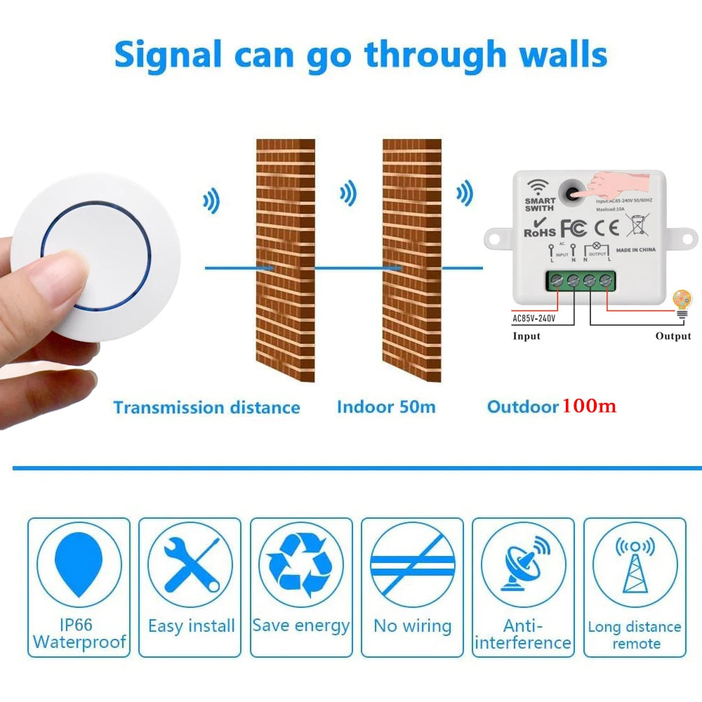 AXUS 110V 220V Mini Receiver 433HMz Wireless Round Button Remote RF Safey Switch Module 2200W Fr Home LED Lamp Bulb