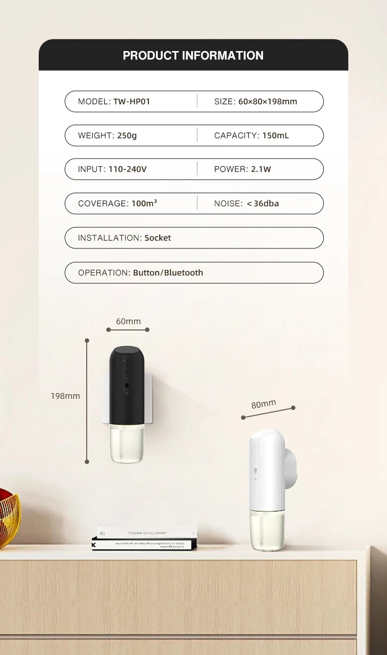 NAMSTE Smart Home Fragrance Diffuser Wall Mounted Air Purifier Perfume Freshener Electric Aromatic Oil Capacity 150ml for Room
