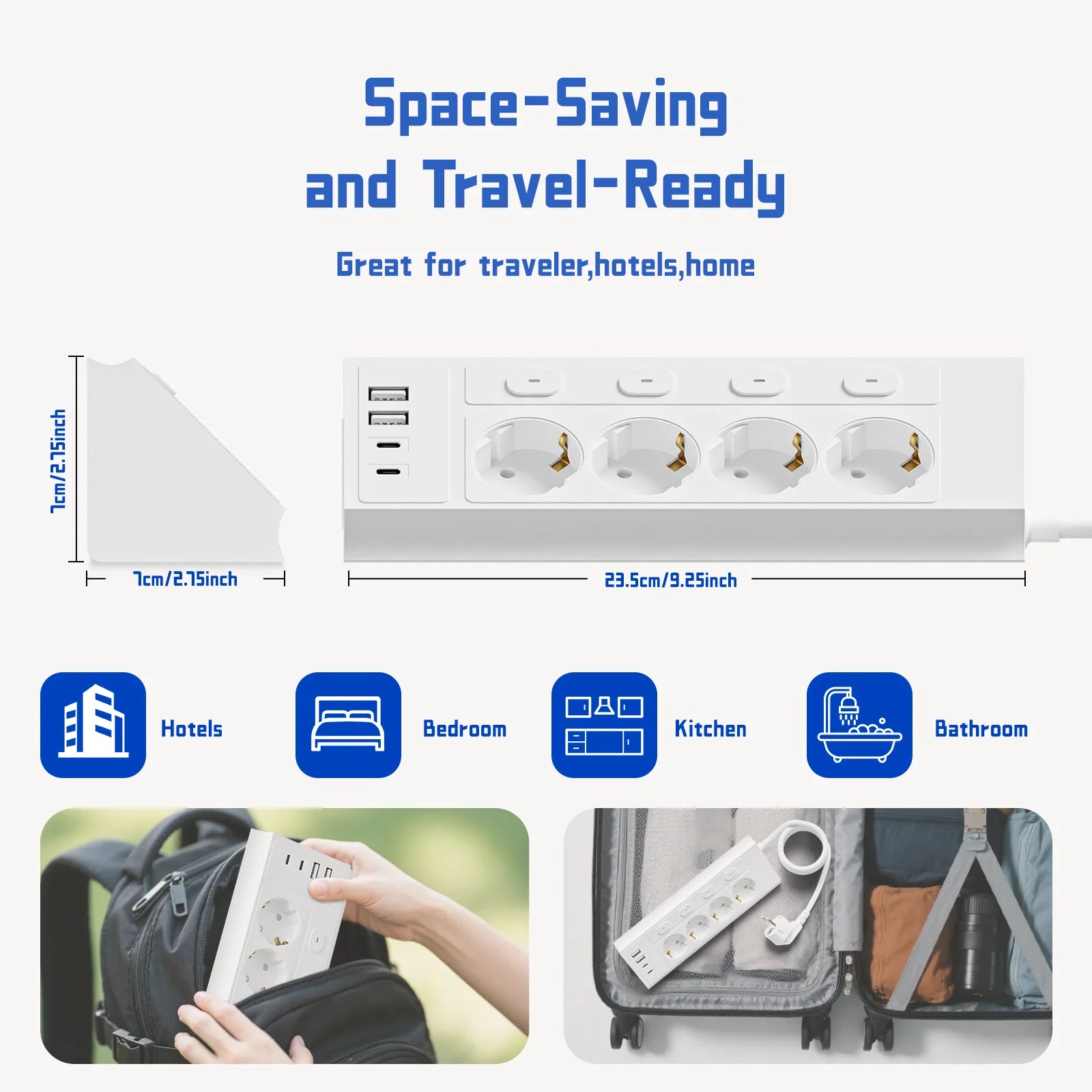 8-in-1 EU 4-switch power strip, 1.5-meter extension power strip, 4 AC sockets, 2 USB 2 Type-C ports, corner power strip, indepen