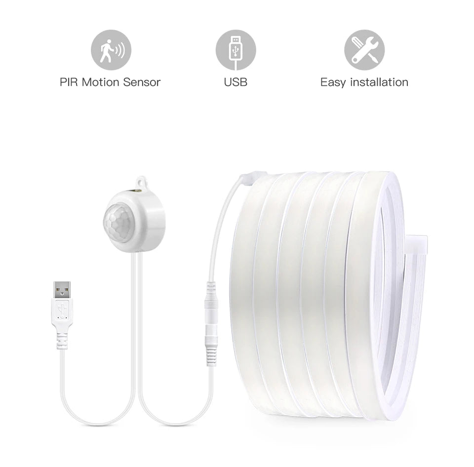 Smart PIR Motion Sensor Super Bright COB LED Strip Neon Light Auto ON/OFF 320leds/m Waterproof for Kitchen,Stair,Wardrobe Decor