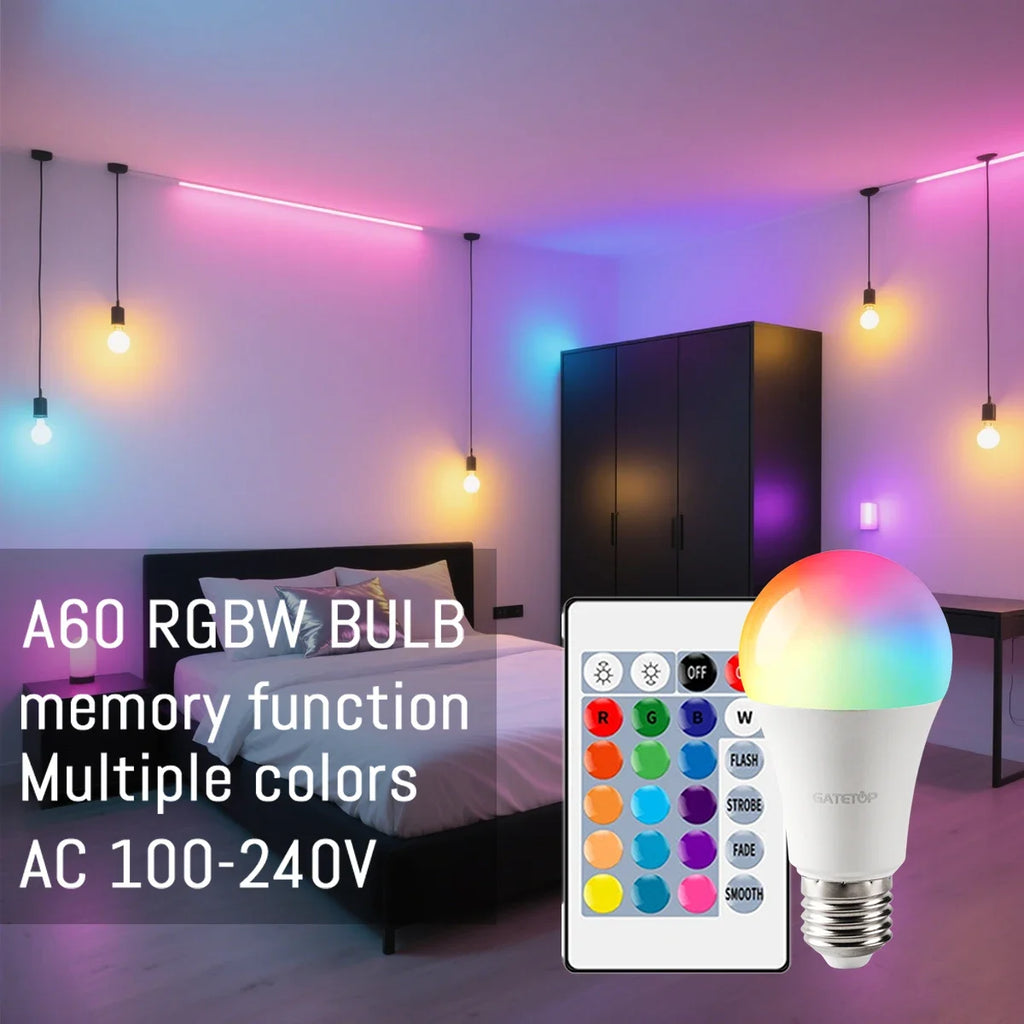E27 Base RGB LED Bulb 24 Key Remote Control Dimmable 10W AC220V 110V Colorful Change For Bedroom Living Room Desk Lamp
