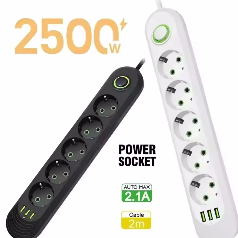 2M Cable EU Plug Power Strip with 3 USB Socket Network Filter Round Pin AC Outlet Ports Extension Cord Electrical Charge Adapter