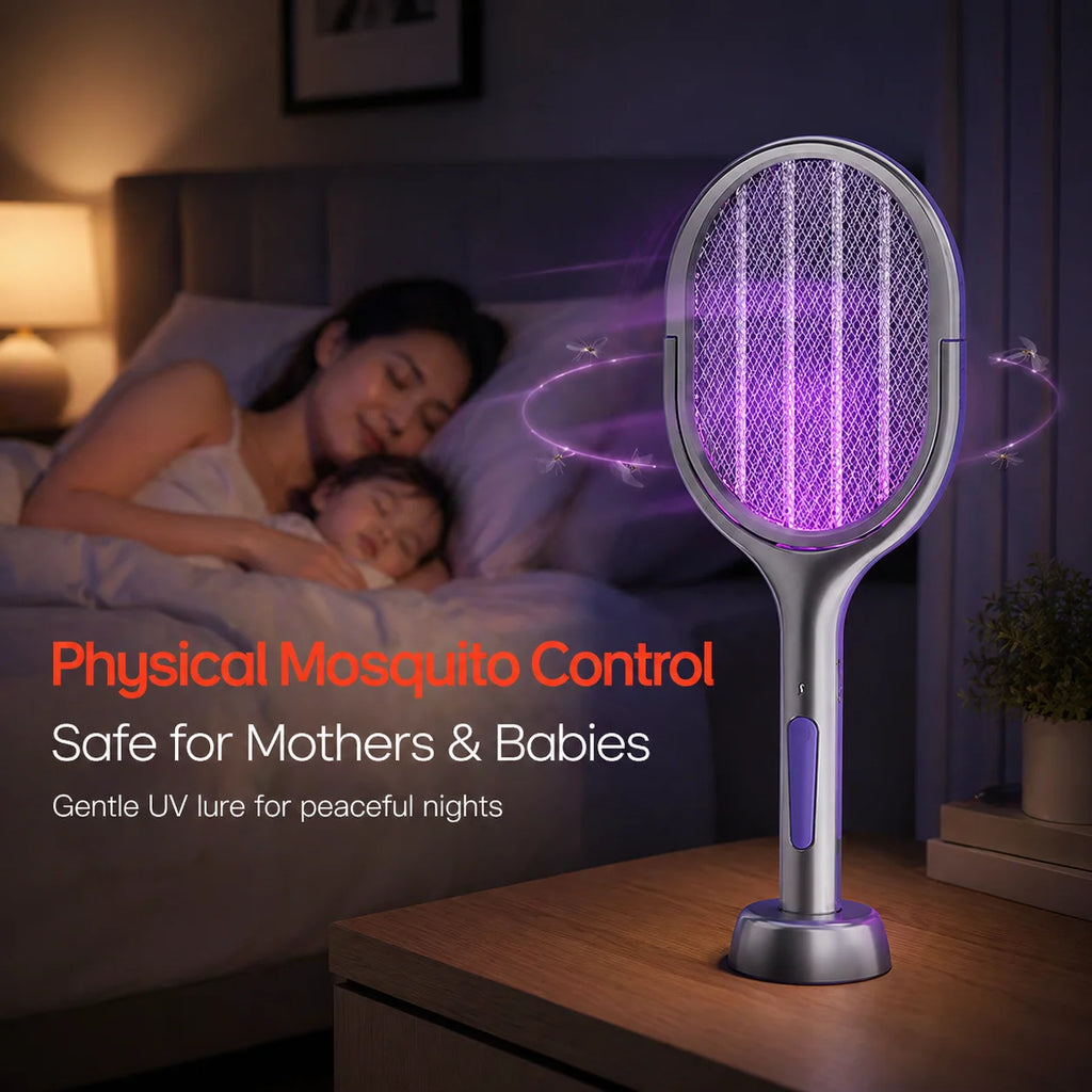 Space Silver Telescopic Bug Zapper 2-in-1 Foldable Fly Swatter UV Light Mosquito Killer Lamp Family Safe Home Bedroom 2800V