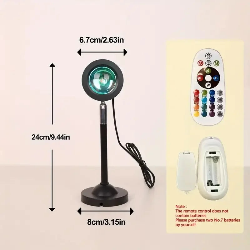 USB-powered sunset projection light, 16 color options, 360° rotating night light with remote control, perfect for bedroom, party