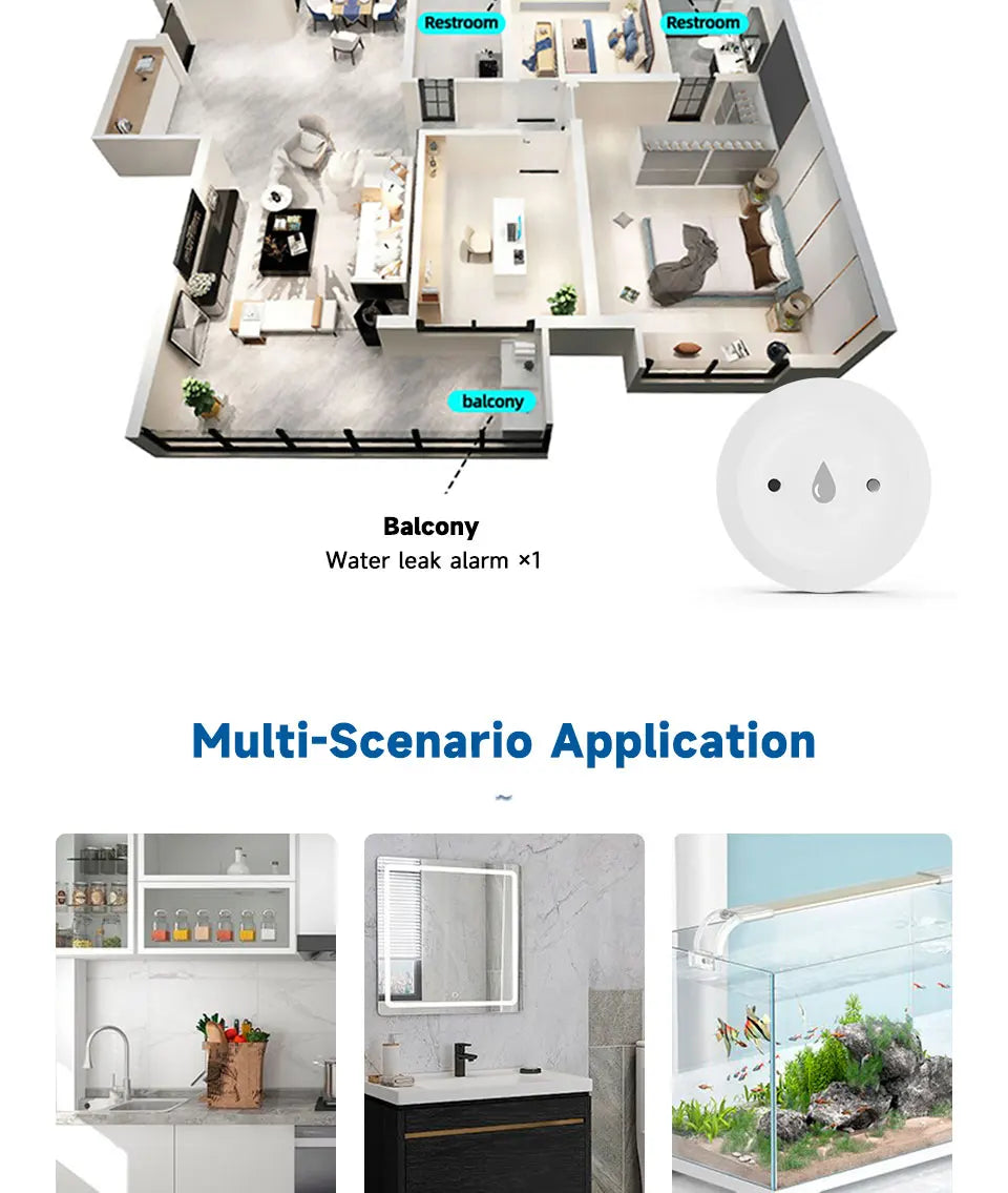Zigbee Water Flood Sensor Leak Detector Home Security Alarm Remote Monitor Works with Home Assistant Zigbee2MQTT