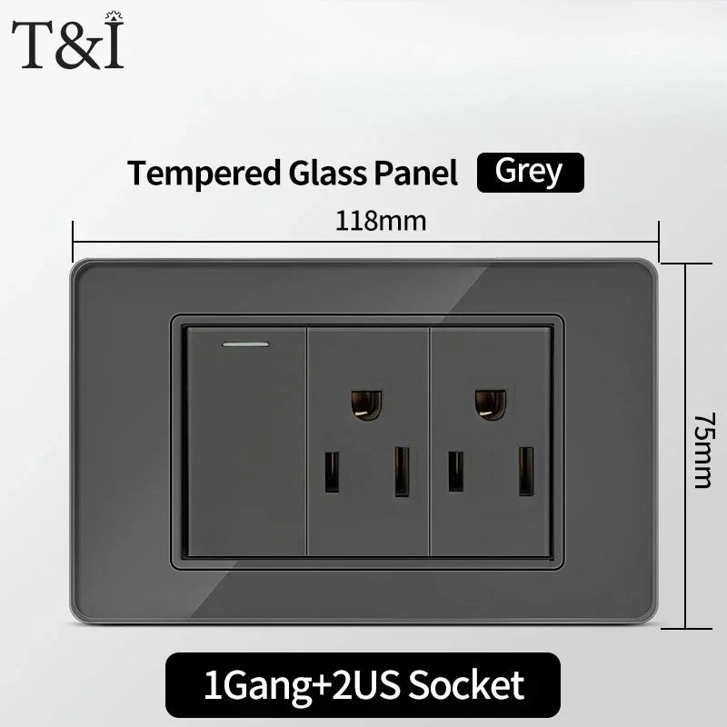 118*75mm Tempered Glass Socket US Wall Socket Grey Thai USB Socket Plug with Dual USB Type-C Ports,Light Switch 110V