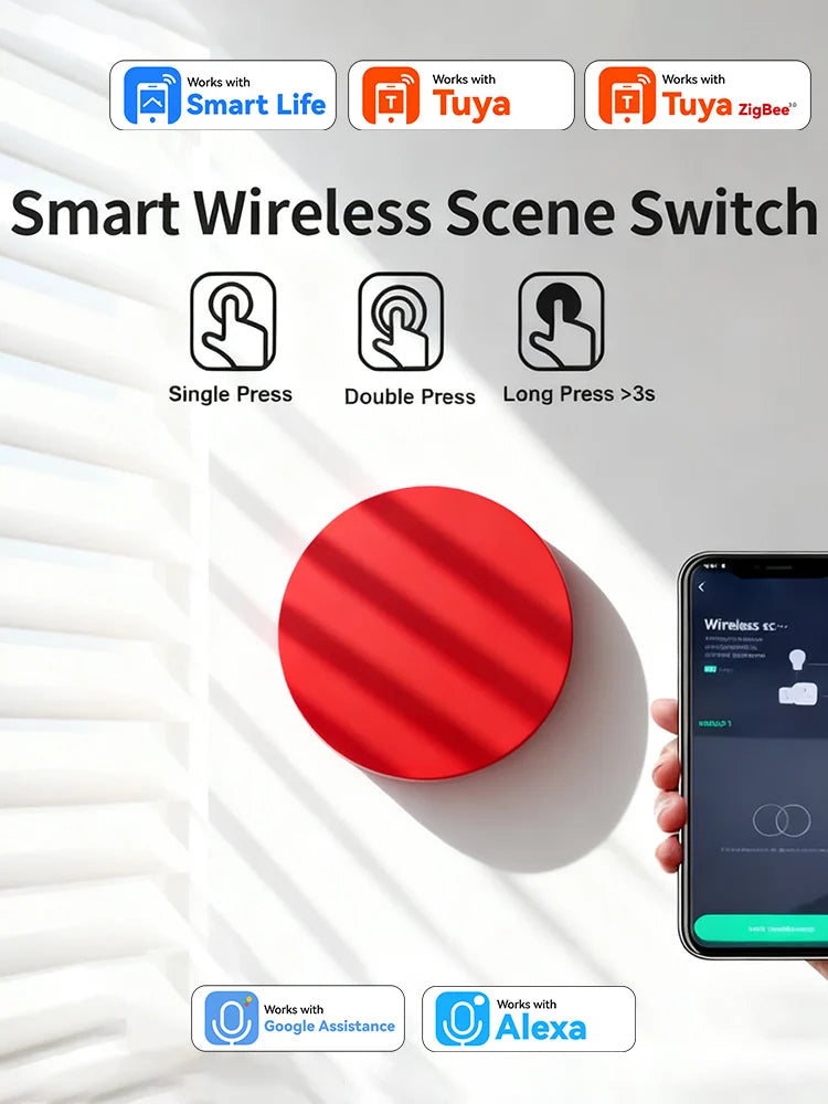 Smart Button Scene Switch 3-Actions Wireless Button Zigbee Smart Life App Remote Control For Google/Alexa Wait Voice Home Office