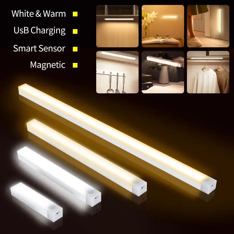 USB Rechargeable LED Motion Sensor Light Strip Magnetic No Drill Installation Under Cabinet Lighting for Closet Kitchen