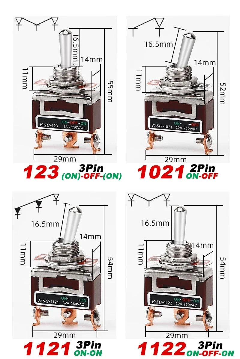 2/3/4/6/8/9/12Pin E-SG Toggle Switch 32A 250VAC Rocker Switch Self-Locking E-SG Power Switch with Brass Screw Foot Pin