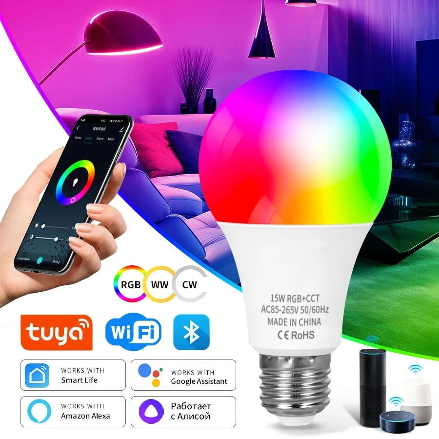 Tuya Smart WiFi LED Light Bulb E27 AC85-265V 12W 15W 18W Alexa Google Home Voice Control Smart Life APP RGB Color Changing Lamp