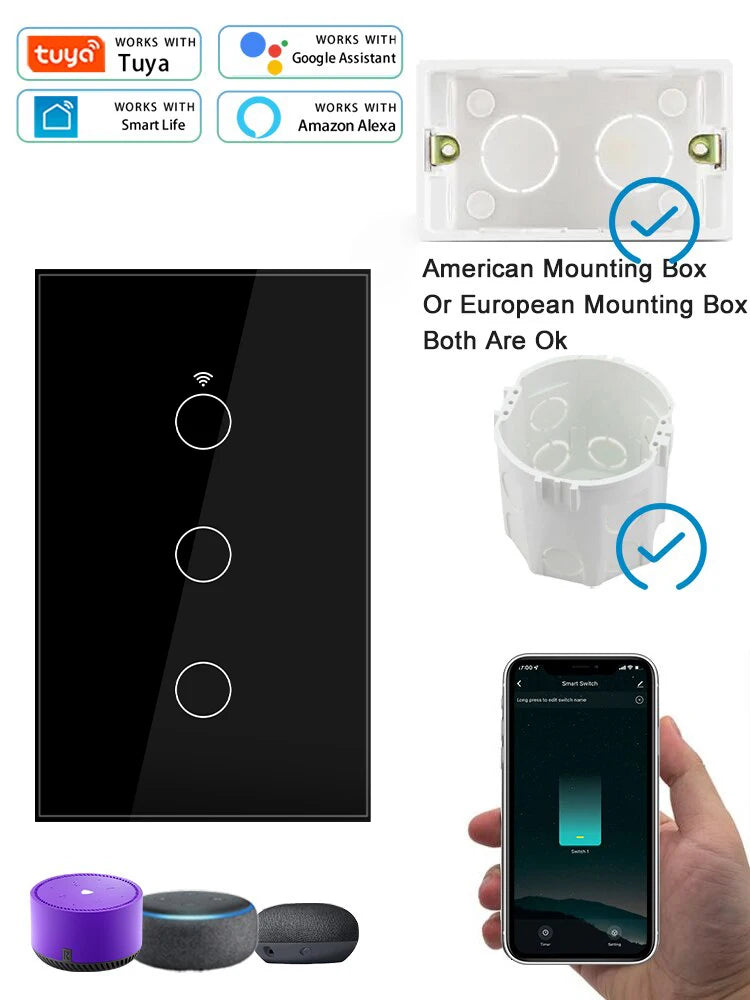 Tuya WiFi Smart Home Light Switch RF433 Neutral Wire/No Neutral Wire Required US Wall Touch Switches Support Alexa Google Home