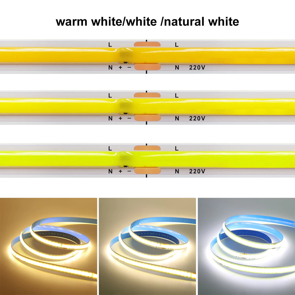 220V COB LED Strip Light 5M 10M 15M 20M Flexible Tape No Need Driver High Brightness 240LEDs RA90 Red Blue White Linear Lighting