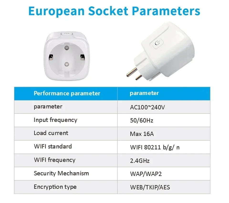 Tuya WiFi Smart Switch EU Plug Socket Outlet 16A With Power Monitor Smart Life APP Voice Control With Alexa Google Home Alice