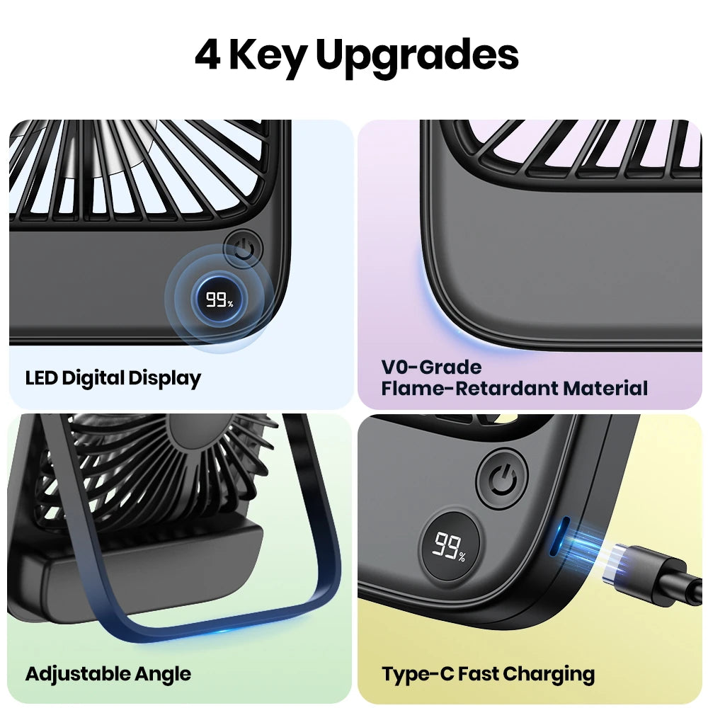 TOPK Rechargeable Portable Fan Electric Mini fan for Camping,4600mah Battery USB Desk Fan Small Silent Table Fans for Room Home