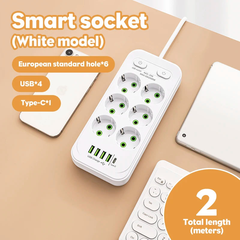 EU Plug Outlet 2-6 Sockets Electrical Socket No Extension Cord With or without it USB Type-C Ports Two specifications