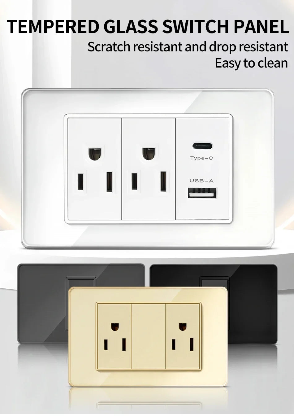 US MexicoSeries Tempered Glass Panel Plate Power Wall Socket USB Type-C Outlet Light Switch 2Way Control Home Office 110V