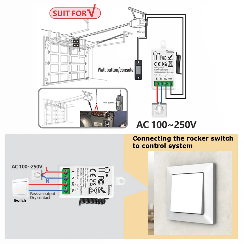 433MHz Smart Light Switch AC 110V 220V Receiver and 1/2/3Gang 86 Wireless Push Button Switch Transmit 50m for Home Improvement