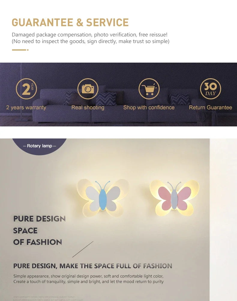 Modern LED Butterfly Wall Light For Bedroom Children's Room Bedside Wall Lamp Creative Personality Wall Decor Butterfly Sconce