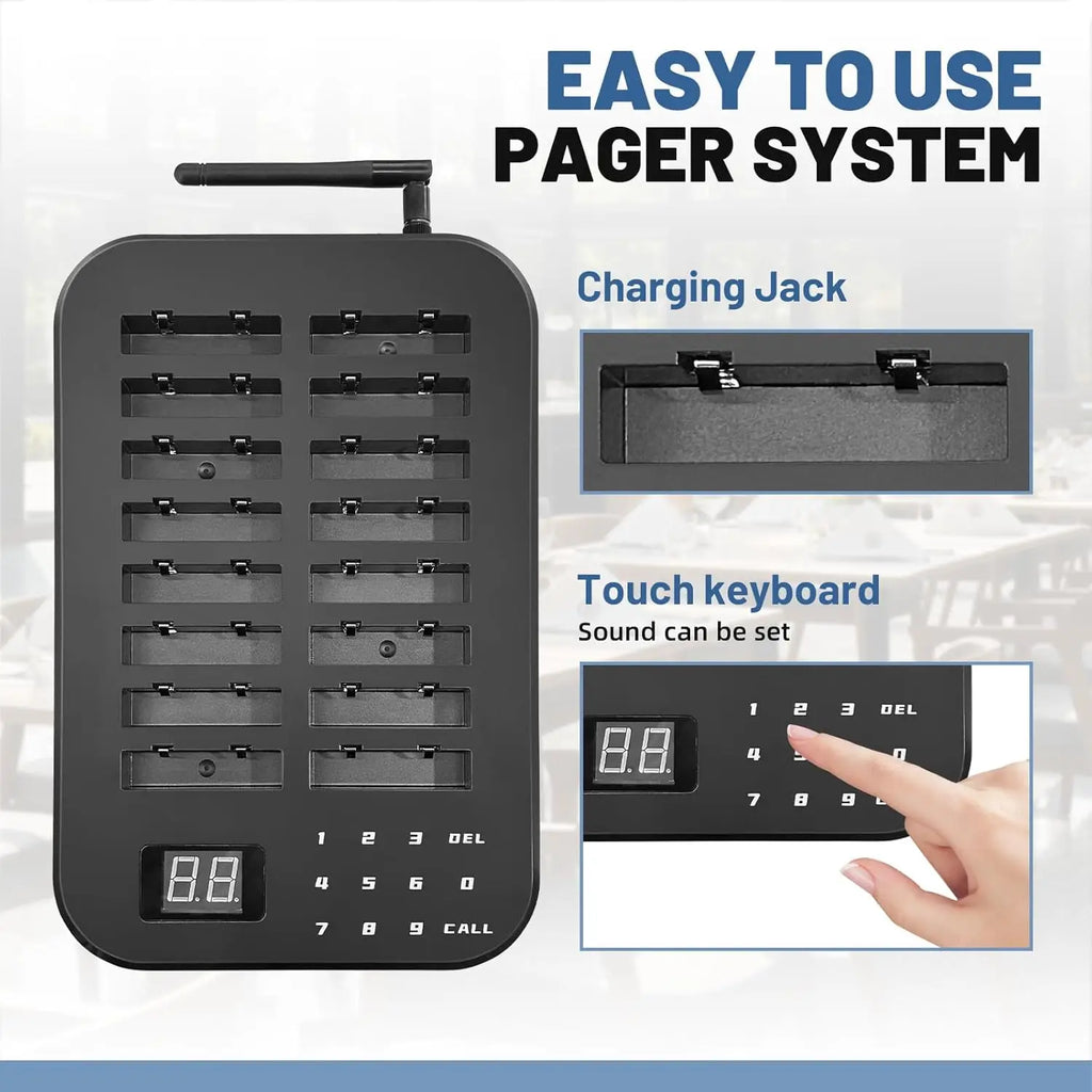 Waterproof Wireless 16-Pager Paging System 200m Range for Restaurants Food Trucks Nursing Home Vibration Flashing Buzzer Call