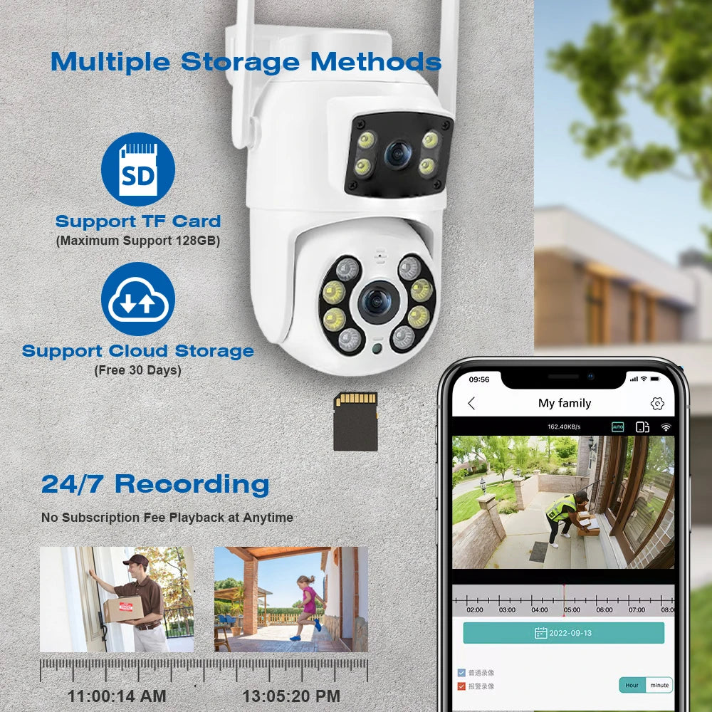 4K 8MP Dual Lens Dual Screens PTZ Wifi Camera with AI Human Detection Wireless Outdoor CCTV Security IP Camera Ziicam