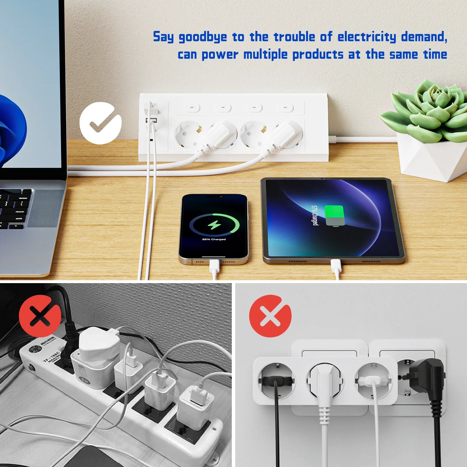 8-in-1 EU 4-switch power strip, 1.5-meter extension power strip, 4 AC sockets, 2 USB 2 Type-C ports, corner power strip, indepen