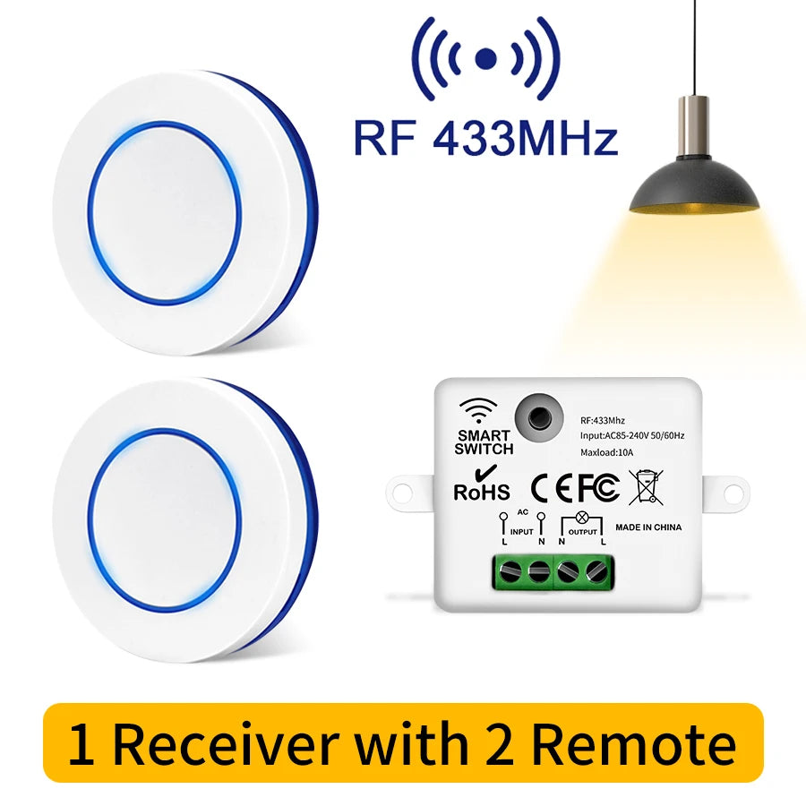 RF 433MHz Wireless Remote Control Light Switch 220V 110V 10A Relay Receiver Mini Round Button Wall Panel Switch For LED Lamp