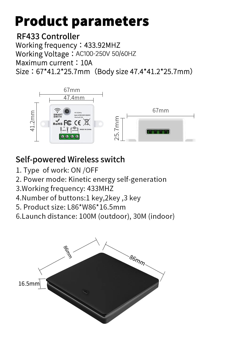 RF433 Self-Powered Wireless Light Switch, Kinetic Energy No Battery,Long Range Wall-Penetrating Signal, Easy Retrofit for Home