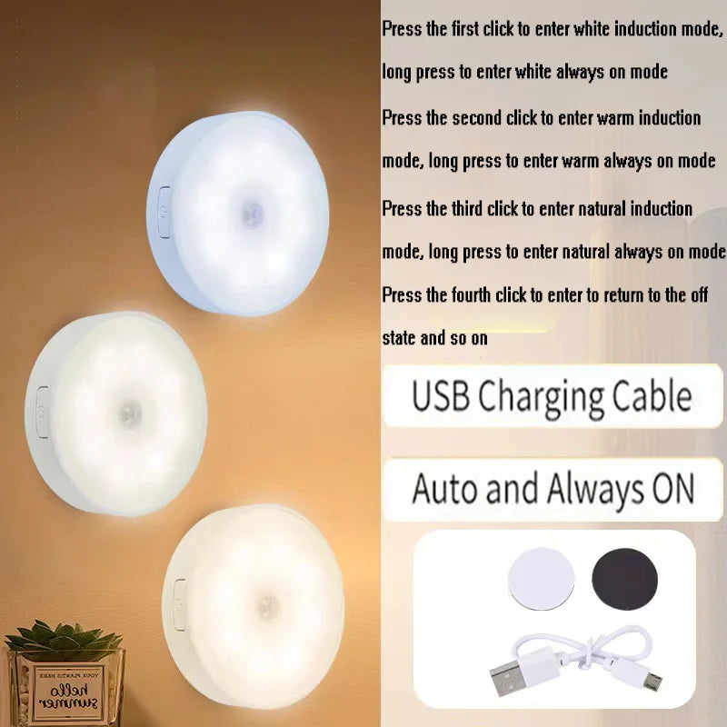 Motion Sensor Puck Lights LED Wireless USB Rechargeable Operated Under Cabinet Lighting on Shelf Display Closet Counter Light
